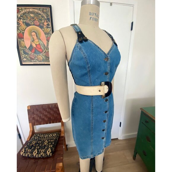 VTG 90s PARIS BLUES Sleeveless Denim Suspender Dress S/M - Picture 7 of 9